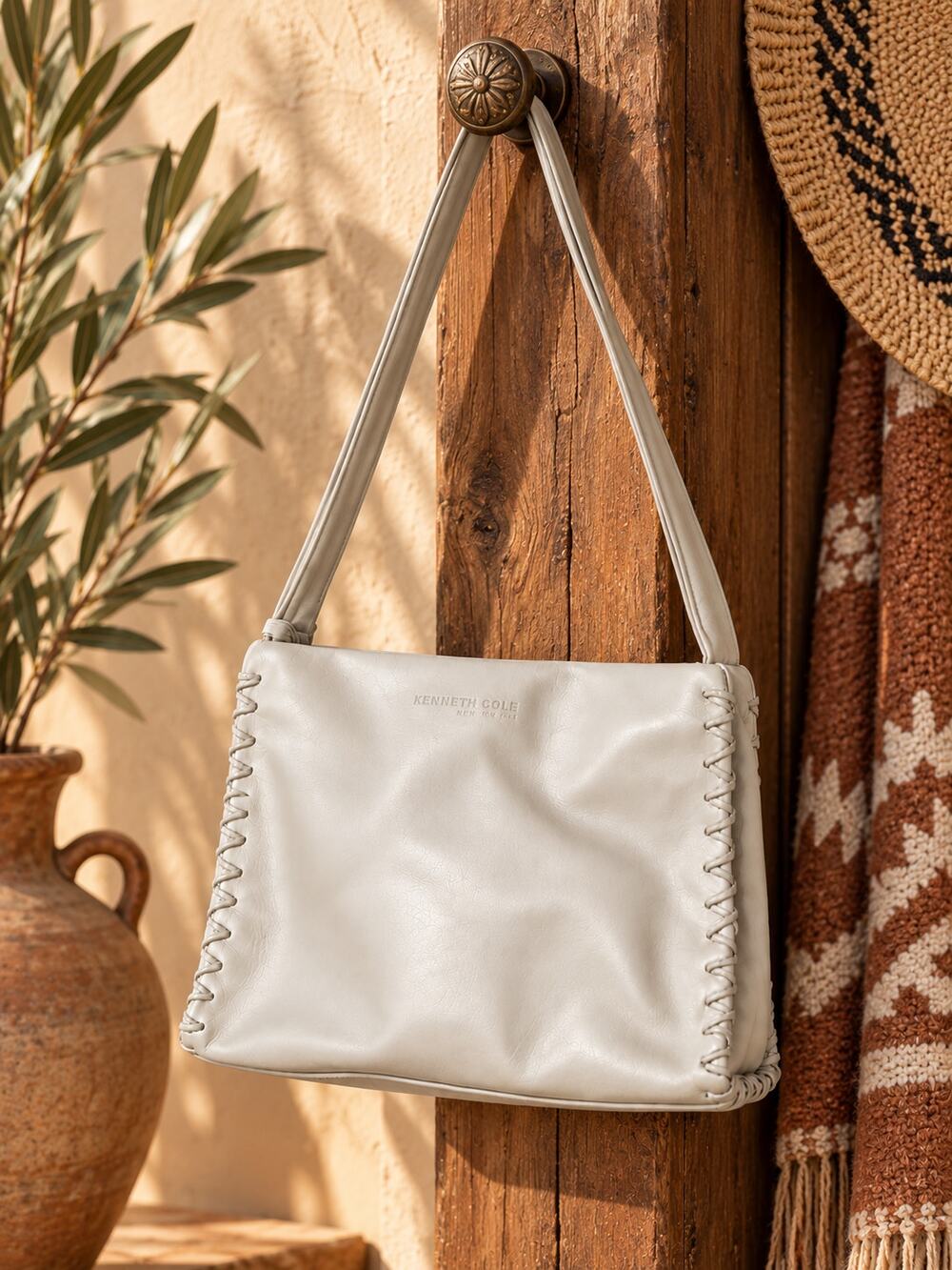 KENNETH COLE Cream Leather Whipstitch Shoulder Bag Western Boho Minimalist